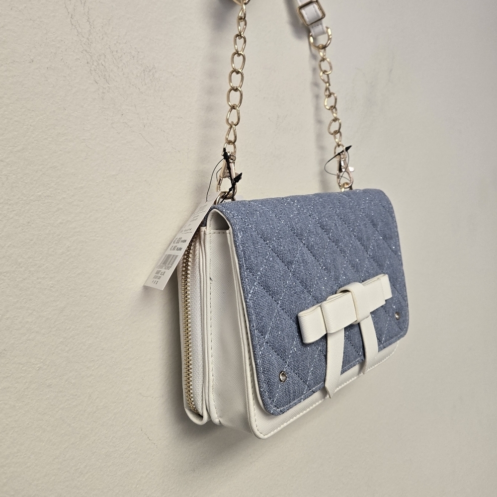 Rabbit Bow Faux Leather Quilted Shoulder crossbody Bag White Blue - Picture 3 of 9
